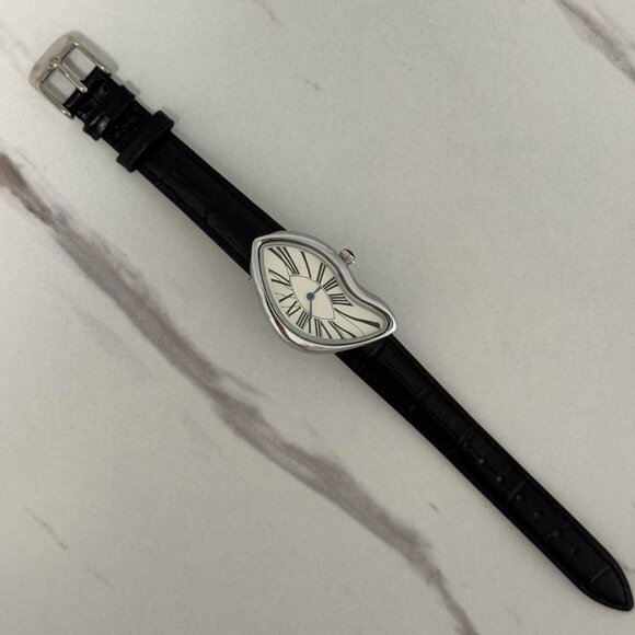 Sku:0213 vintage vibe retro silver white watch with black leather strap+Gift bag main image 5